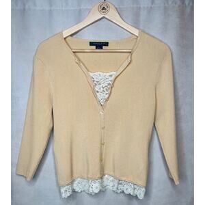 August Silk Petite PL Beige Ribbed Knit Silk Blend Top • Lace Inset